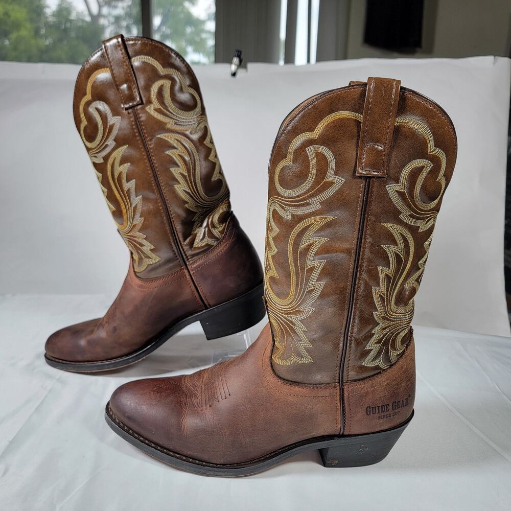 Guide Gear Men's Brush Off Western Cowboy Boots Brown Leather Round Toe Size 10D